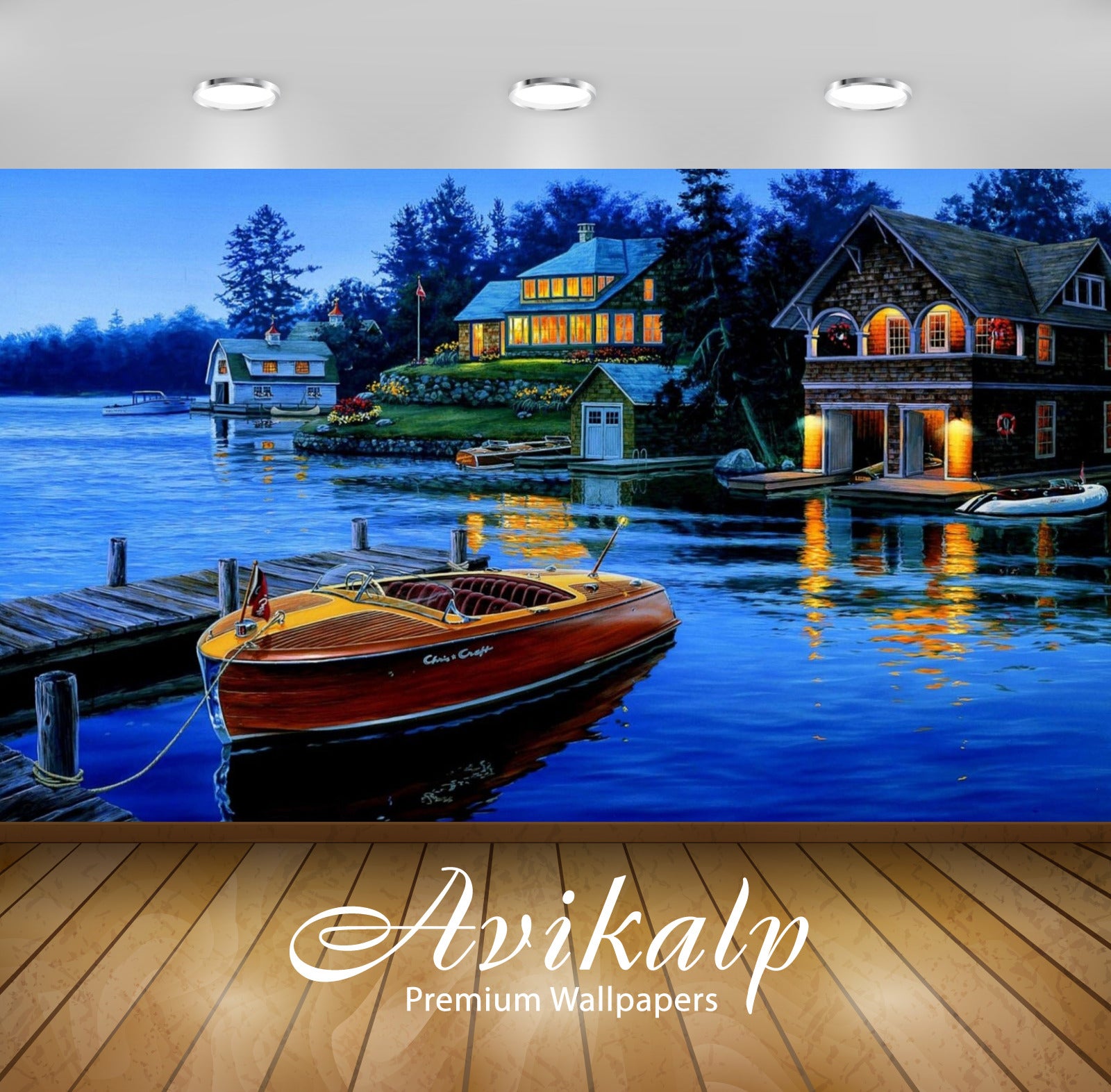 Avikalp Exclusive Awi2727 Houses Lake Boat Art Full HD Wallpapers for Living room, Hall, Kids Room,