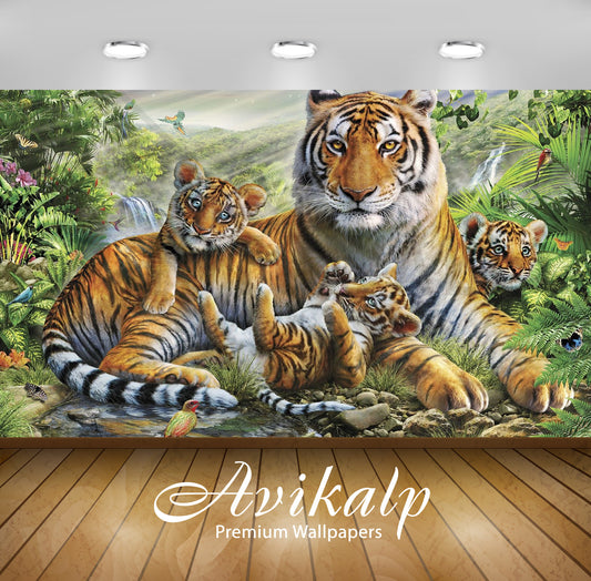 Avikalp Exclusive Awi2746 Jungle Animal Tiger With Her Cubs Abstract Full HD Wallpapers for Living r