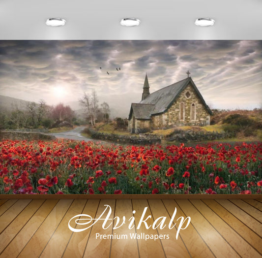 Avikalp Exclusive Awi2774 Landscape From Ireland Field With Red Bullies Church St. Patrick Stork In