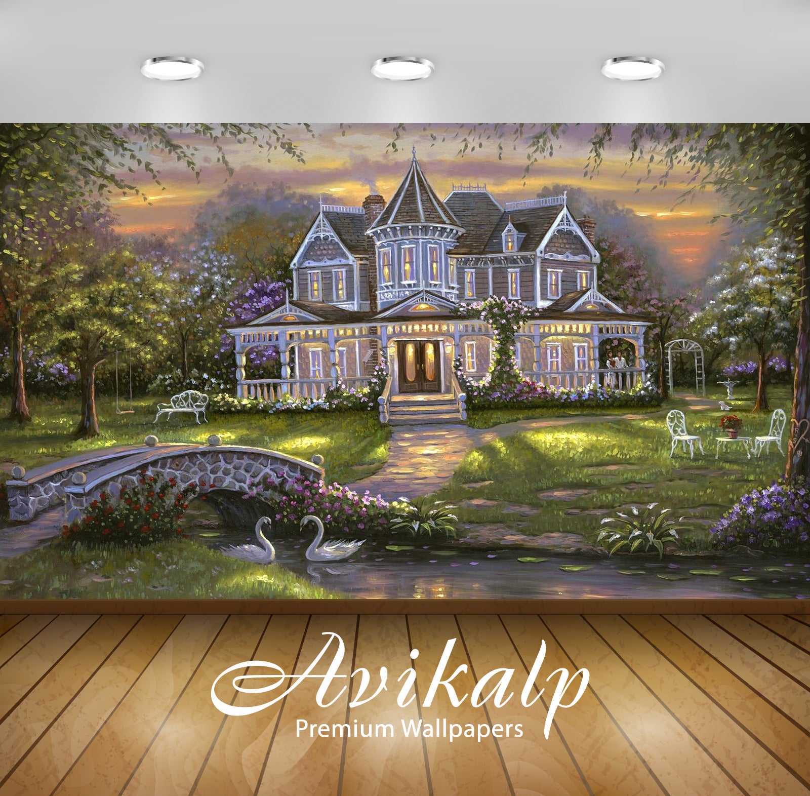 Avikalp Exclusive Awi2776 Landscape House River Bridge Swans Art Full HD Wallpapers for Living room,