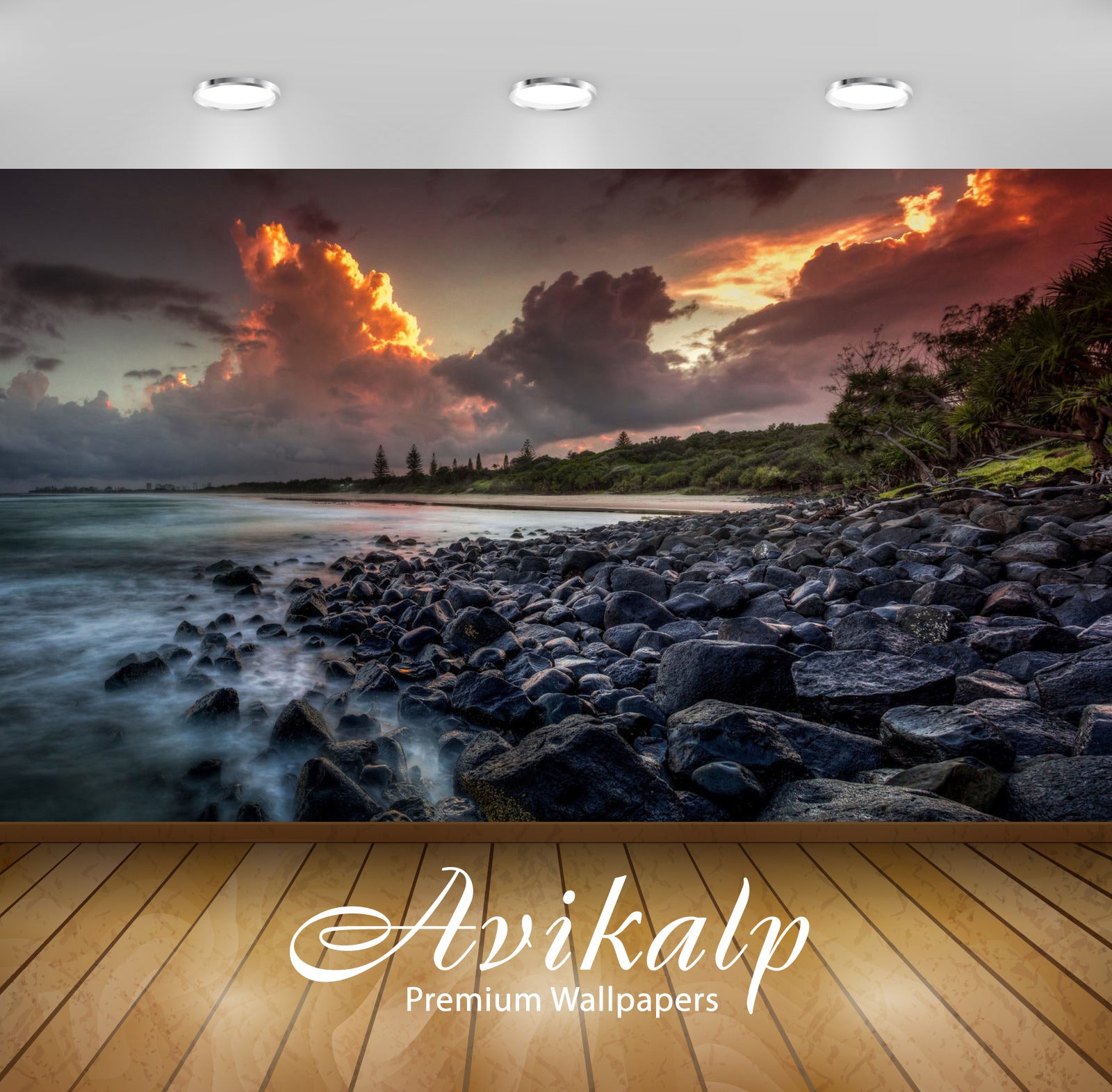 Avikalp Exclusive Awi2780 Landscape Sunset Sea Waves Beach Rocks Sand Sky Dark Clouds Full HD Wallpa