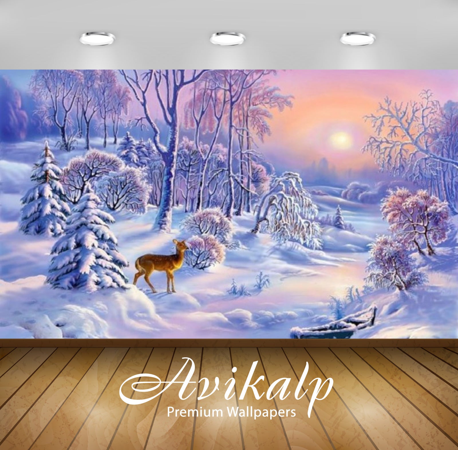 Avikalp Exclusive Awi2782 Landscape Winter Sun Boat Snow Trees Deer Art Full HD Wallpapers for Livin
