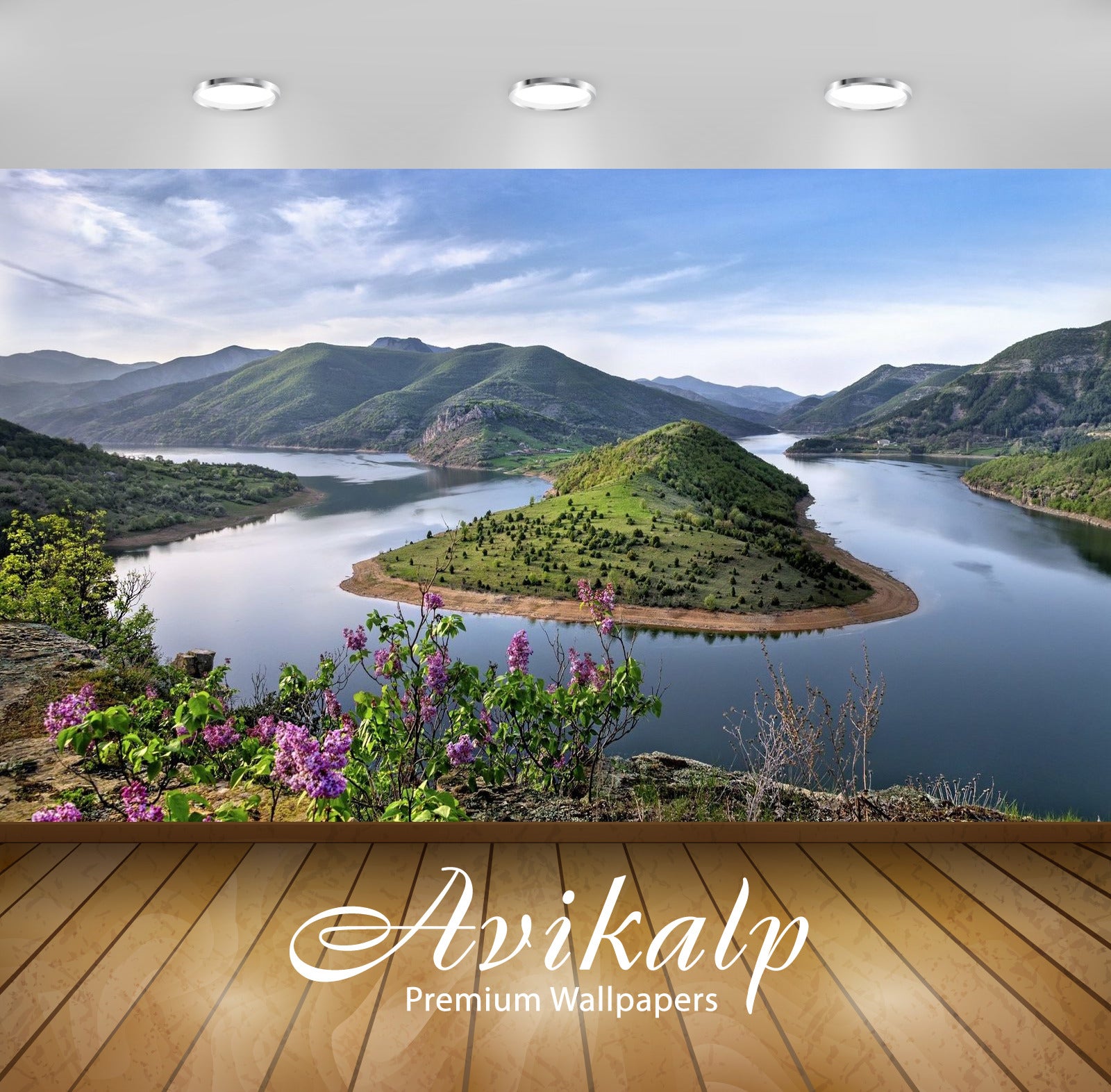 Avikalp Exclusive Awi2955 Rocky Coast Lilac River Green Mountains Surrounded By Water Sky Clouds Lan