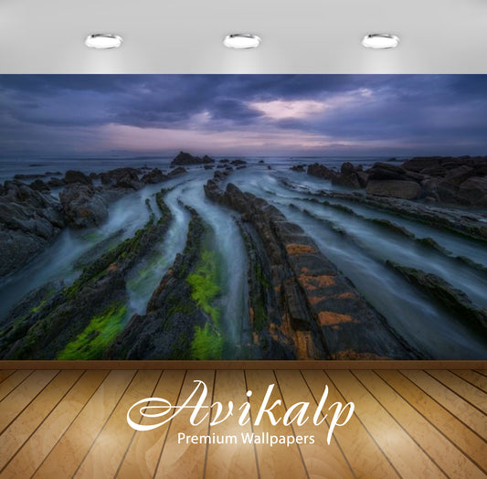 Avikalp Exclusive Awi2956 Rocky Coast Sea Green Moss Dark Clouds Full HD Wallpapers for Living room,