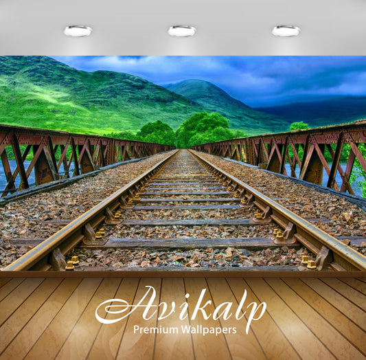 Avikalp Exclusive Awi2978 Scottish Railway Track Rail Bridge Fence River Green Mountain Sky Full HD