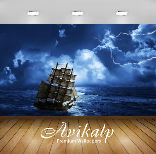 Avikalp Exclusive Awi3017 Ships Sailing Sea Sky Clouds Night Lightning Full HD Wallpapers for Living