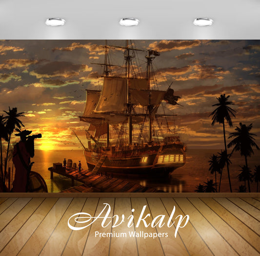 Avikalp Exclusive Awi3020 Ships Sunset Sea Full HD Wallpapers for Living room, Hall, Kids Room, Kitc