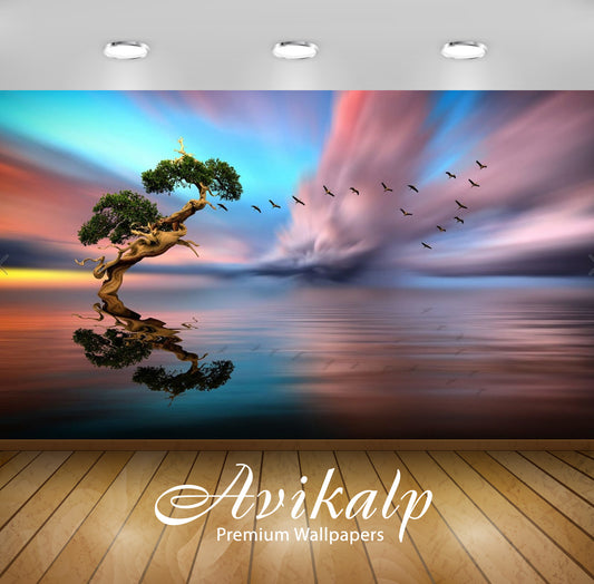 Avikalp Exclusive Awi3031 Solitary Tree Lake Birds In Flight Red Cloud Sunset Reflection In Water Ar