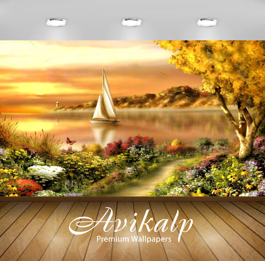 Avikalp Exclusive Awi3060 Summer Scenes Boat Flowers Lake Art Full HD Wallpapers for Living room, Ha