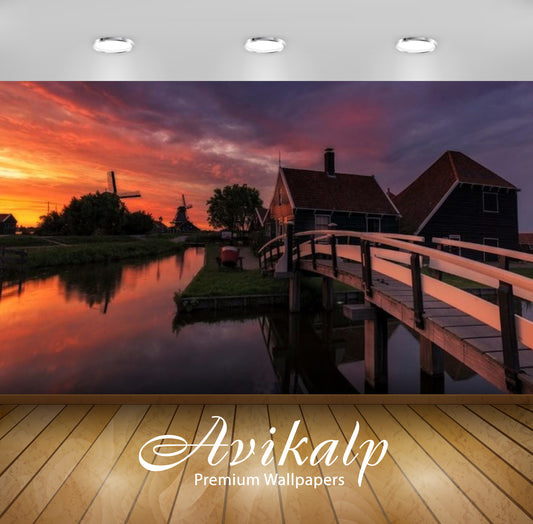 Avikalp Exclusive Awi3078 Sunset Farm In Netherlands House And Wooden Bridge Channel Water Wind Full
