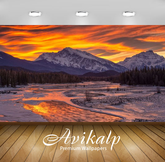 Avikalp Exclusive Awi3086 Sunset In Winter Mountains With Pine Trees Frozen River Snow Red Sky Full