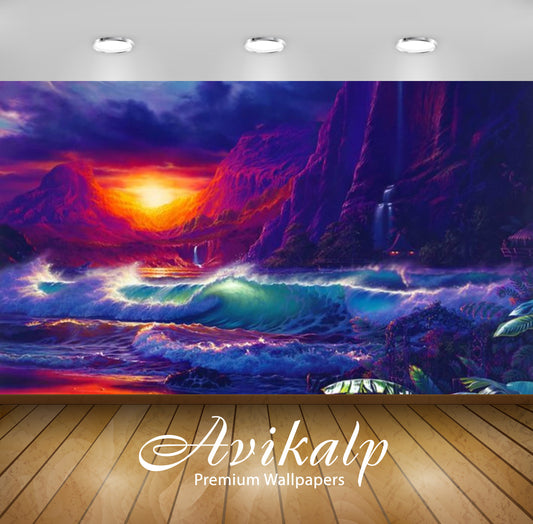 Avikalp Exclusive Awi3095 Sunset Orange Sky Dark Cloud Sea Waves Of The Sea Rocky Mountains Art Full