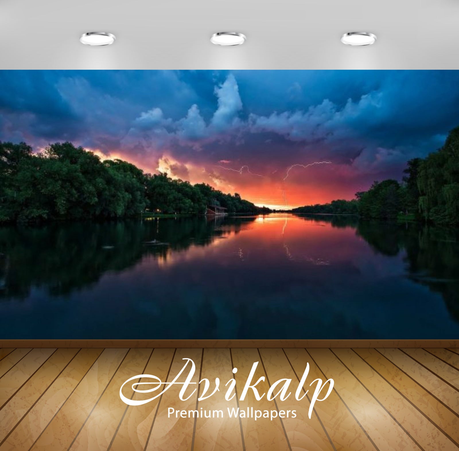 Avikalp Exclusive Awi3099 Sunset Peaceful River Coast With Green Trees Forest Red Sky Lightning Full
