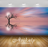 Avikalp Exclusive Awi3105 Sunset Red Sky Cloud Lake Alone Wood Birds In Flight Reflection In Water A