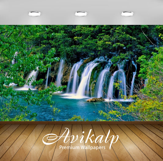 Avikalp Exclusive Awi3198 Waterfall Forest Stones Nature Full HD Wallpapers for Living room, Hall, K