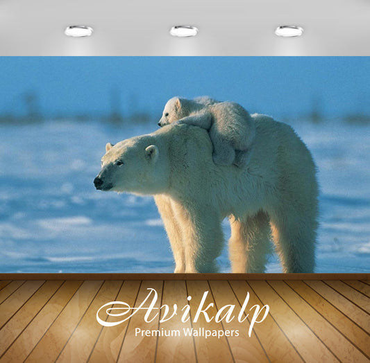 Avikalp Exclusive Awi3207 White Polar Bear Unable To Follow The Little Bear Climbing Up The Back Of