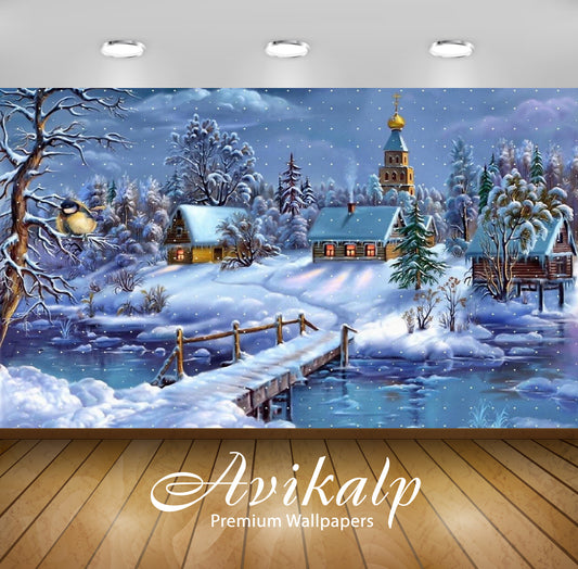 Avikalp Exclusive Awi3224 Winter Landscape Village Church River Wooden Bridge Layer Of Snow Art Full