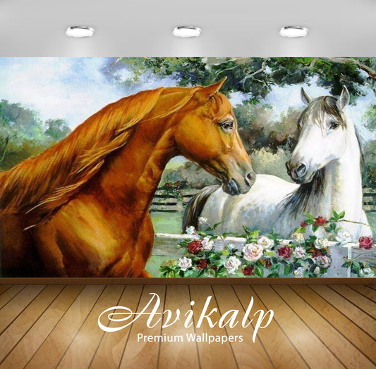 Avikalp Exclusive Awi3273 Brown White Horse Love Nature Art Painting Full HD Wallpapers for Living r