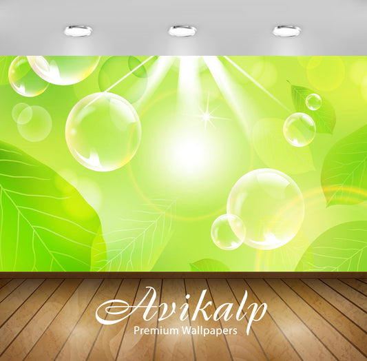 Avikalp Exclusive Awi4107 Bubbles And Green Leaves Full HD Wallpapers for Living room, Hall, Kids Ro