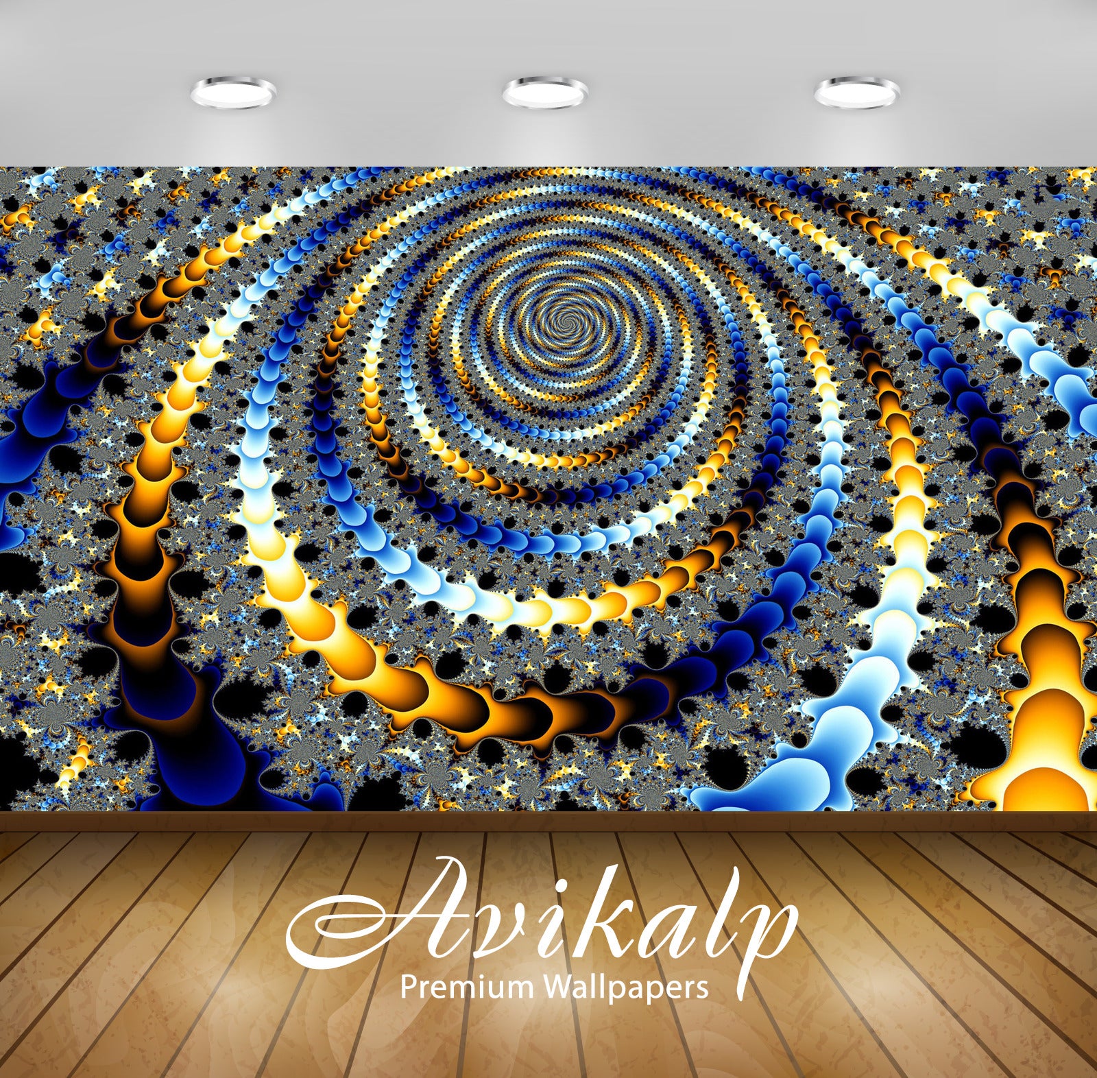 Avikalp Exclusive Awi4344 Fractal Blue And Golden Spiral Full HD Wallpapers for Living room, Hall, K
