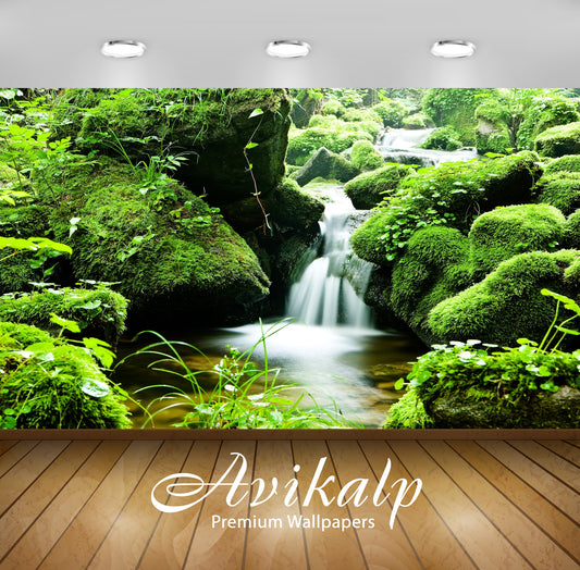 Avikalp Exclusive Awi4770 Forest Waterfall Nature Mountain Full HD Wallpapers for Living room, Hall,