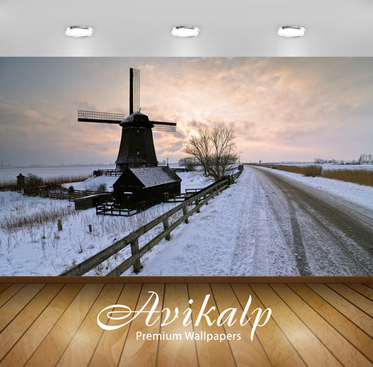 Avikalp Exclusive Awi5864 Old Windmill On A Snowy Field Nature Full HD Wallpapers for Living room, H