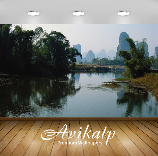 Avikalp Exclusive Awi5908 Peaks Guarding The Water Nature Full HD Wallpapers for Living room, Hall,