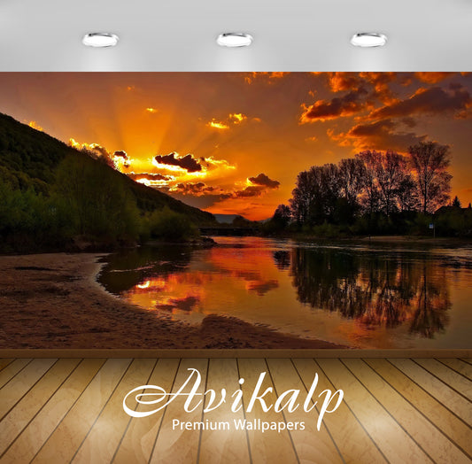 Avikalp Exclusive Awi5988 River Bank Sunset Nature Full HD Wallpapers for Living room, Hall, Kids Ro