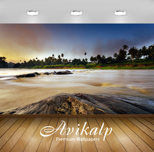 Avikalp Exclusive Awi6047 Rocks In The Misty River Nature Full HD Wallpapers for Living room, Hall,