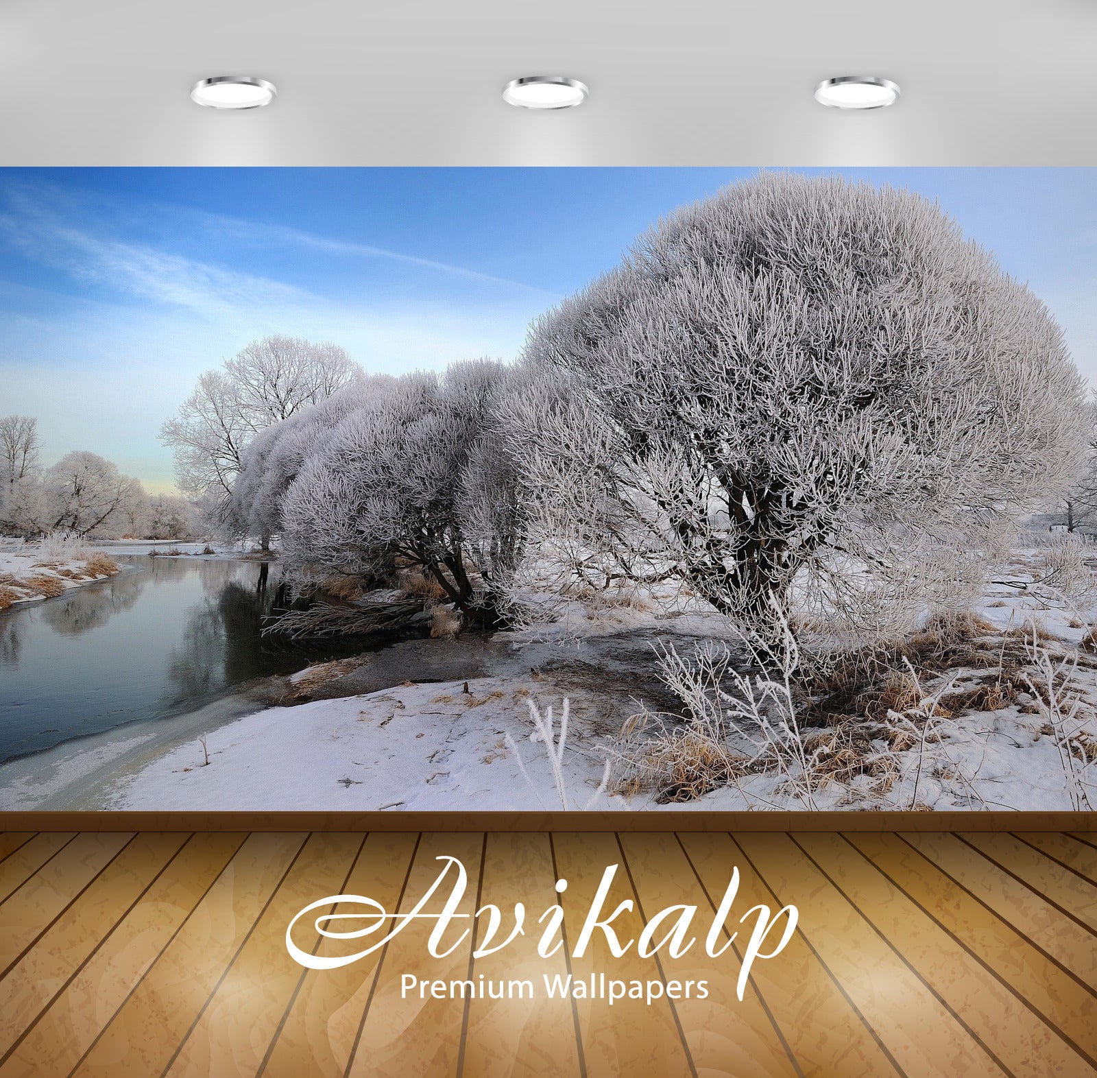 Avikalp Exclusive Awi6330 Snowy Trees By The River Nature Full HD Wallpapers for Living room, Hall,
