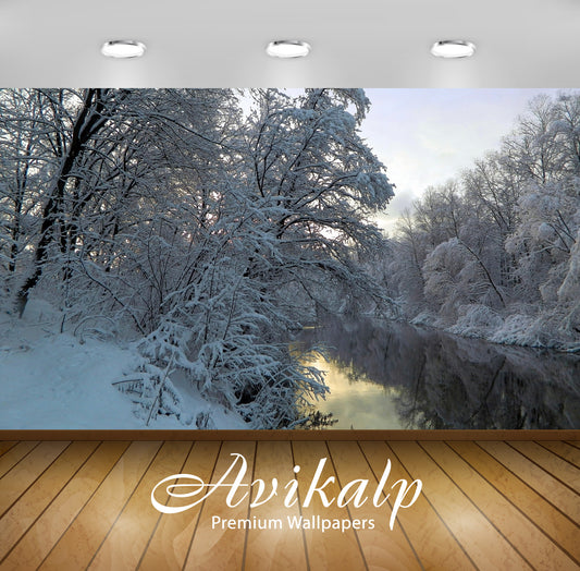 Avikalp Exclusive Awi6332 Snowy Trees Leaning Towards The River Nature Full HD Wallpapers for Living