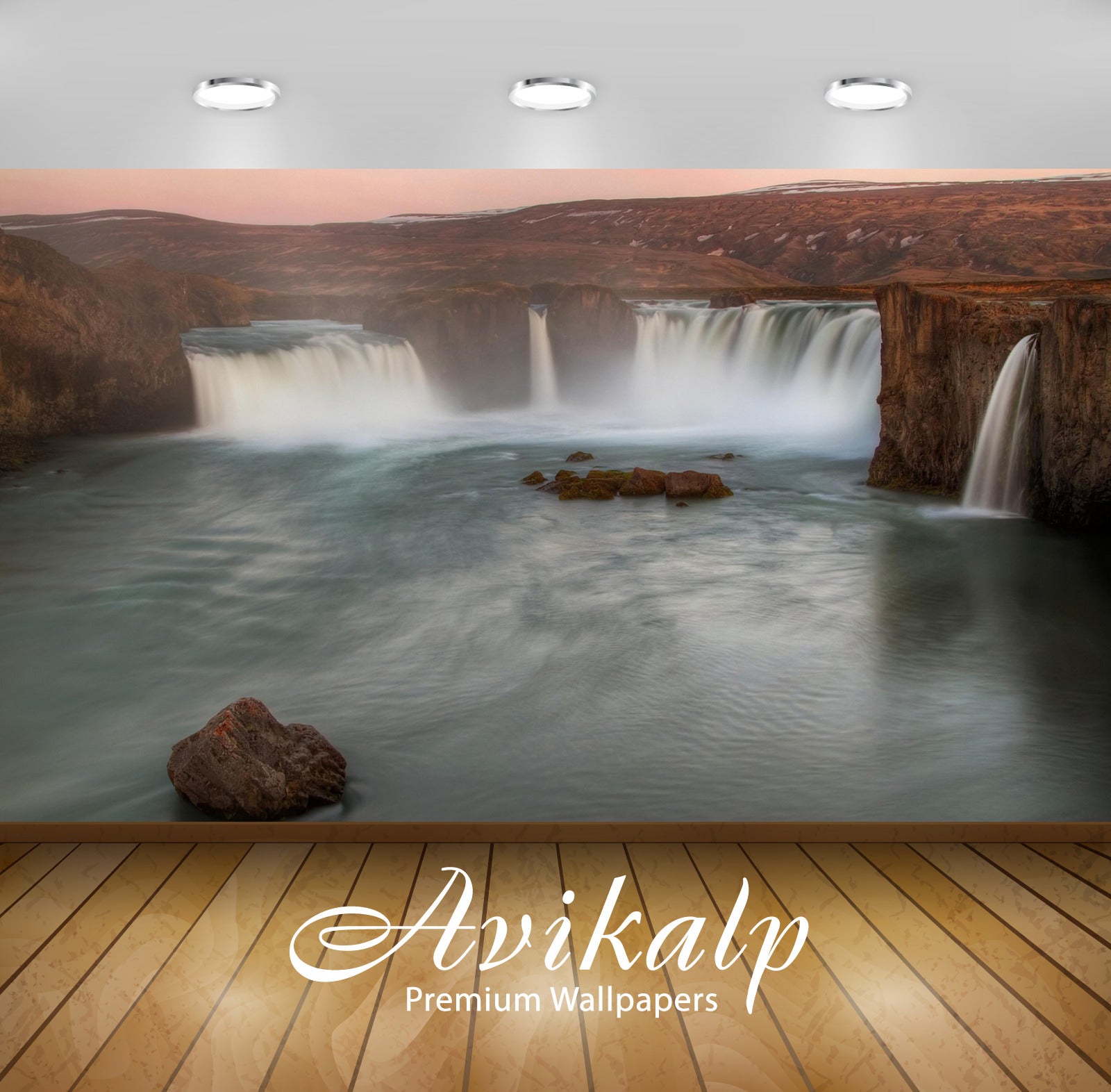 Avikalp Exclusive Awi6525 Sunset Over The Waterfall Nature Full HD Wallpapers for Living room, Hall,