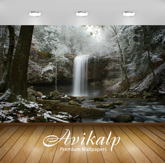 Avikalp Exclusive Awi6661 Waterfall In Winter Forest Nature Full HD Wallpapers for Living room, Hall