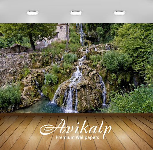 Avikalp Exclusive Awi6662 Waterfall Near The Mansion Nature Full HD Wallpapers for Living room, Hall