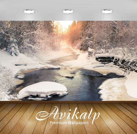 Avikalp Exclusive Awi6719 Winter River Flowing Towards The Sunset Nature Full HD Wallpapers for Livi