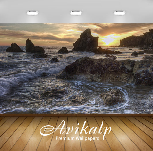 Avikalp Exclusive Awi6784 Amazing Golden Sunset Above The Rocky Beach Nature HD Wallpaper