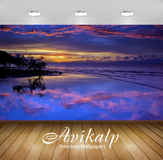 Avikalp Exclusive Awi6790 Amazing Purple Sunset Clouds Reflected In The Wet Beach Nature HD Wallpaper