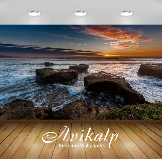 Avikalp Exclusive Awi6830 Beautiful Ocean Sunset Above The Rocky Shore Nature HD Wallpaper