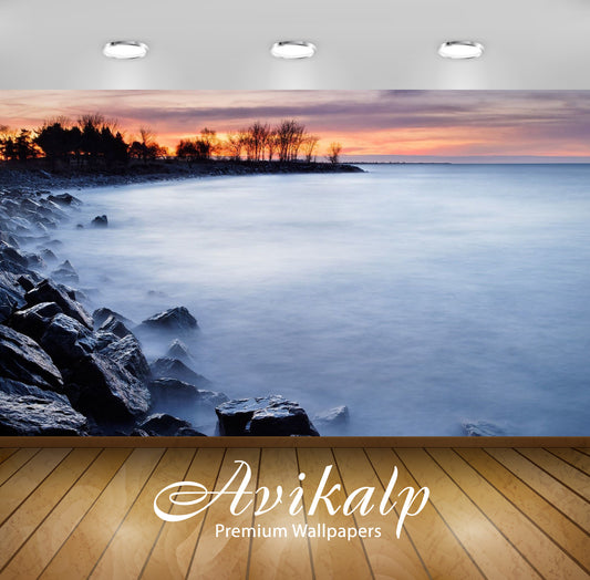Avikalp Exclusive Awi7218 Rocky Beach At Sunset Nature HD Wallpaper