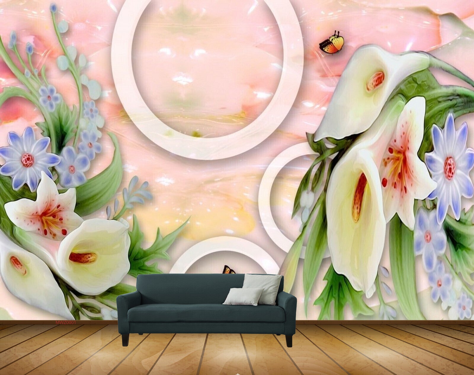 Avikalp MWZ0001 White Tulips Purple Flowers Butterflies 3D HD Wallpaper