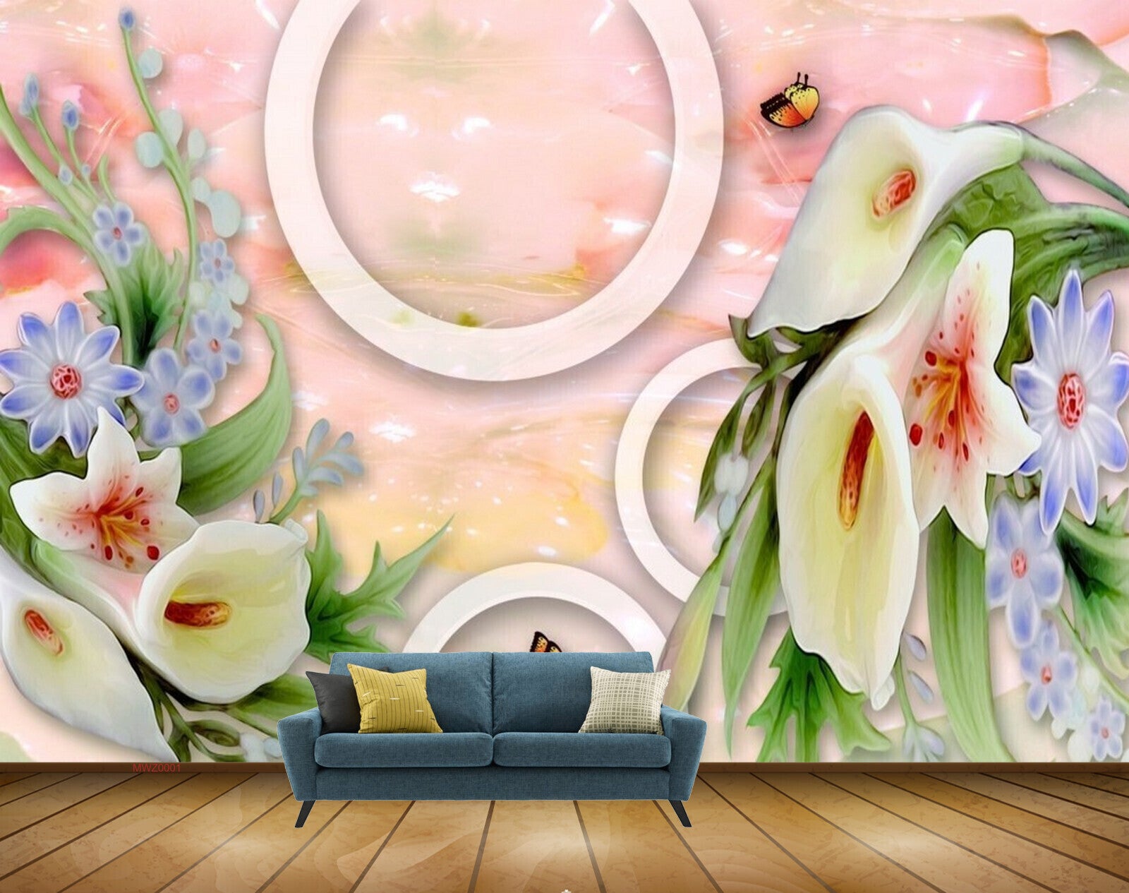 Avikalp MWZ0001 White Tulips Purple Flowers Butterflies 3D HD Wallpaper