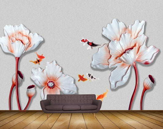 Avikalp MWZ0006 White Pink Flowers Fishes HD Wallpaper