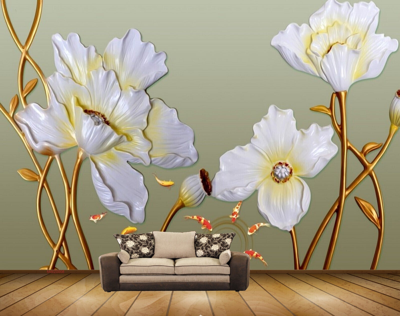 Avikalp MWZ0008 White Flowers Fishes HD Wallpaper