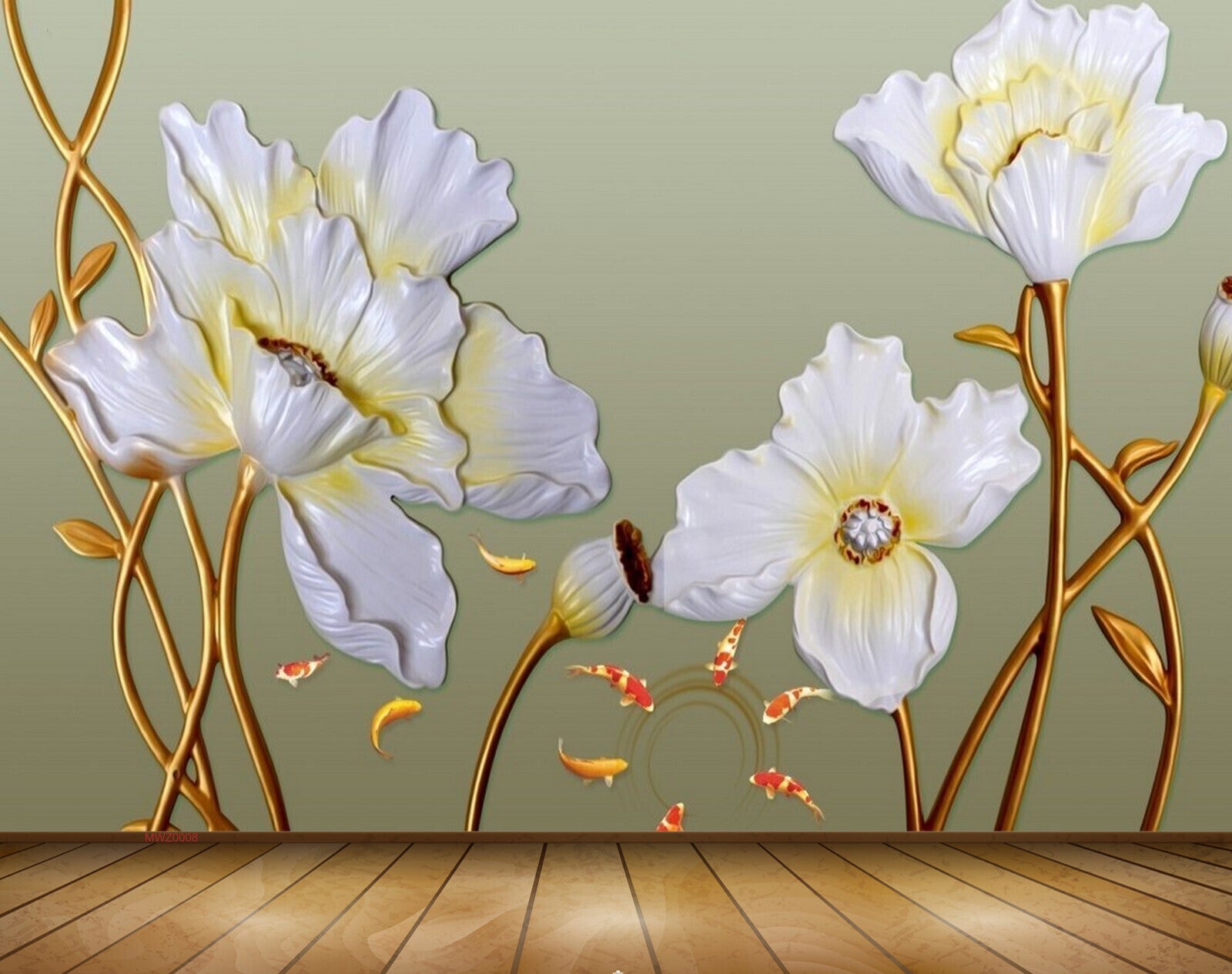 Avikalp MWZ0008 White Flowers Fishes 3D HD Wallpaper