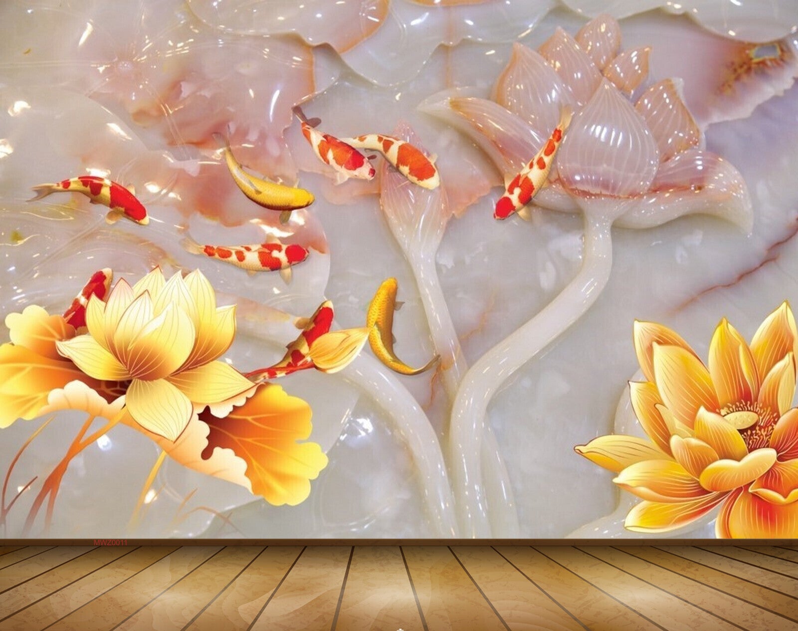 Avikalp MWZ0011 Pink Orange Flowers Fishes 3D HD Wallpaper