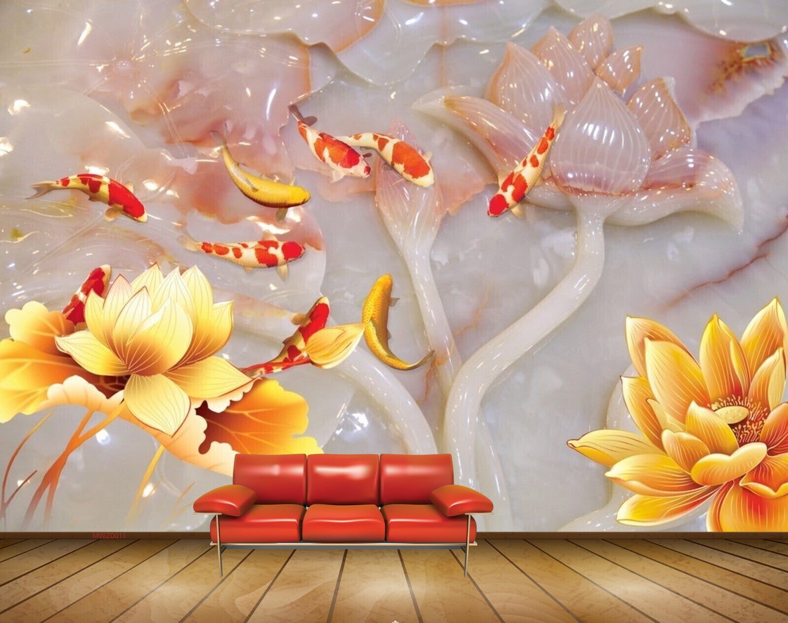 Avikalp MWZ0011 Pink Orange Flowers Fishes 3D HD Wallpaper