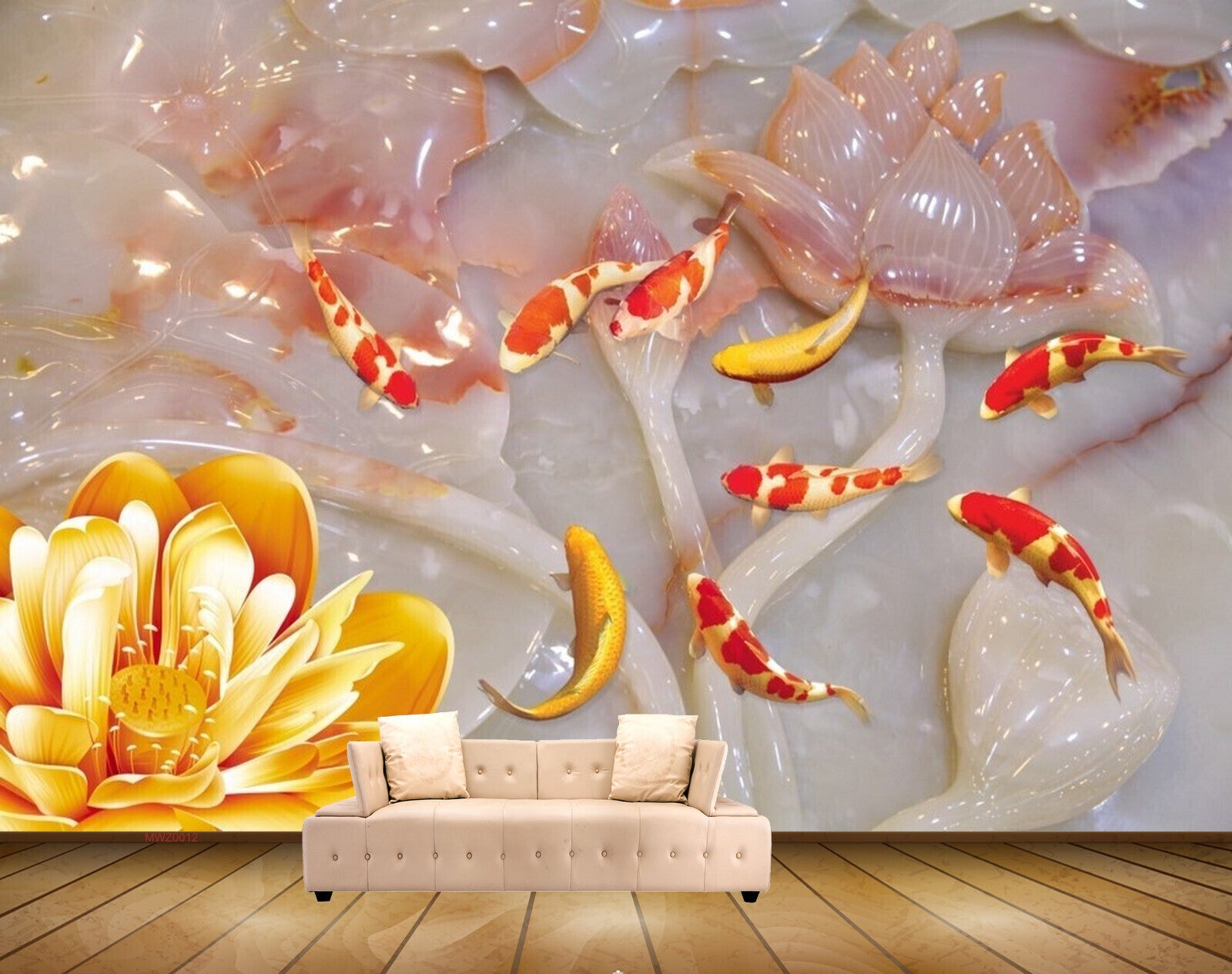 Avikalp MWZ0012 Pink Orange Flowers Fishes 3D HD Wallpaper