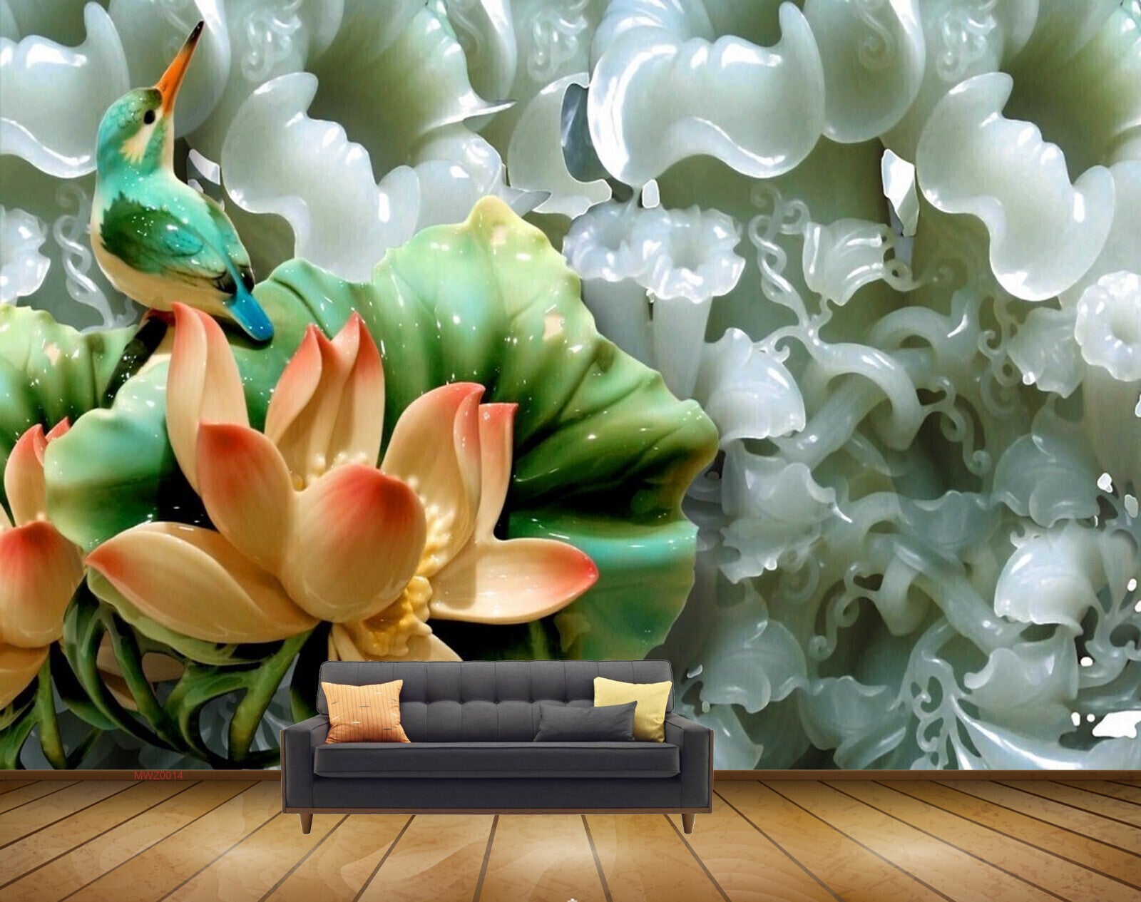 Avikalp MWZ0014 Bird Orange Lotus Flowers Leaves 3D HD Wallpaper