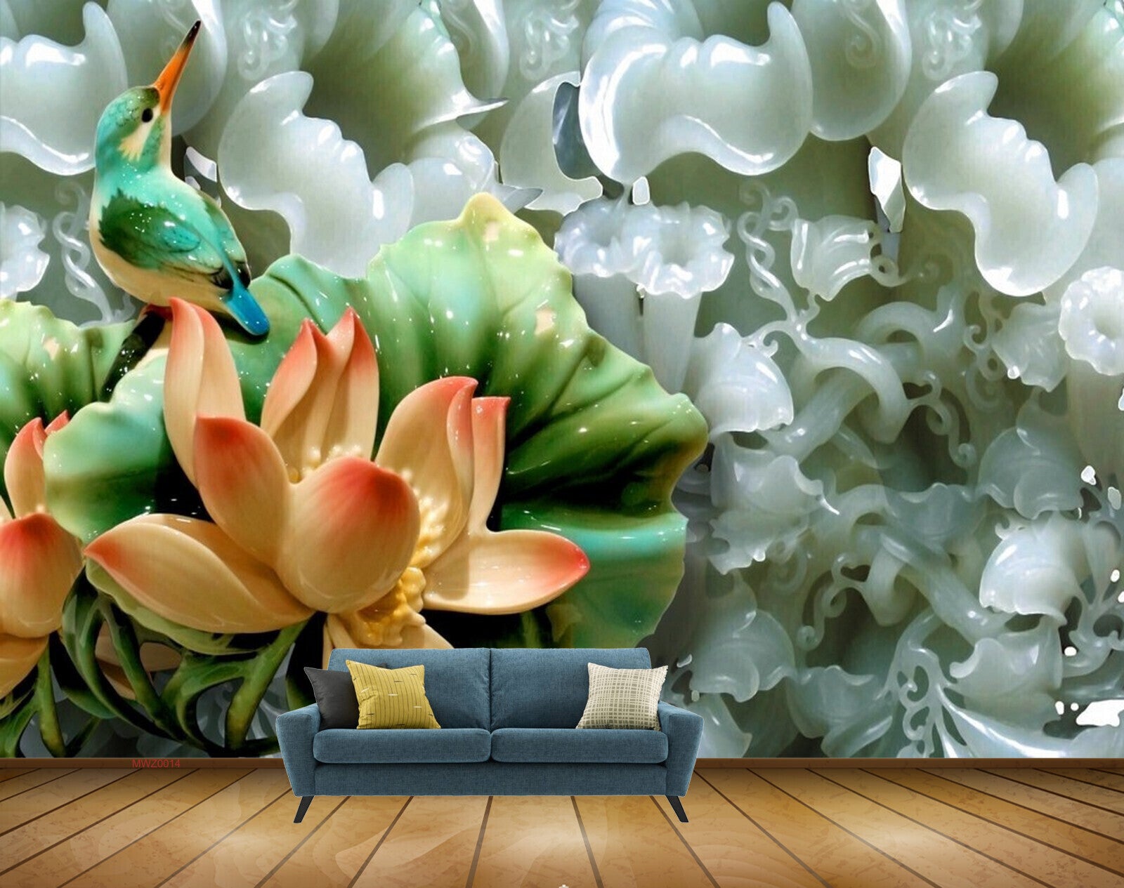 Avikalp MWZ0014 Bird Orange Lotus Flowers Leaves 3D HD Wallpaper