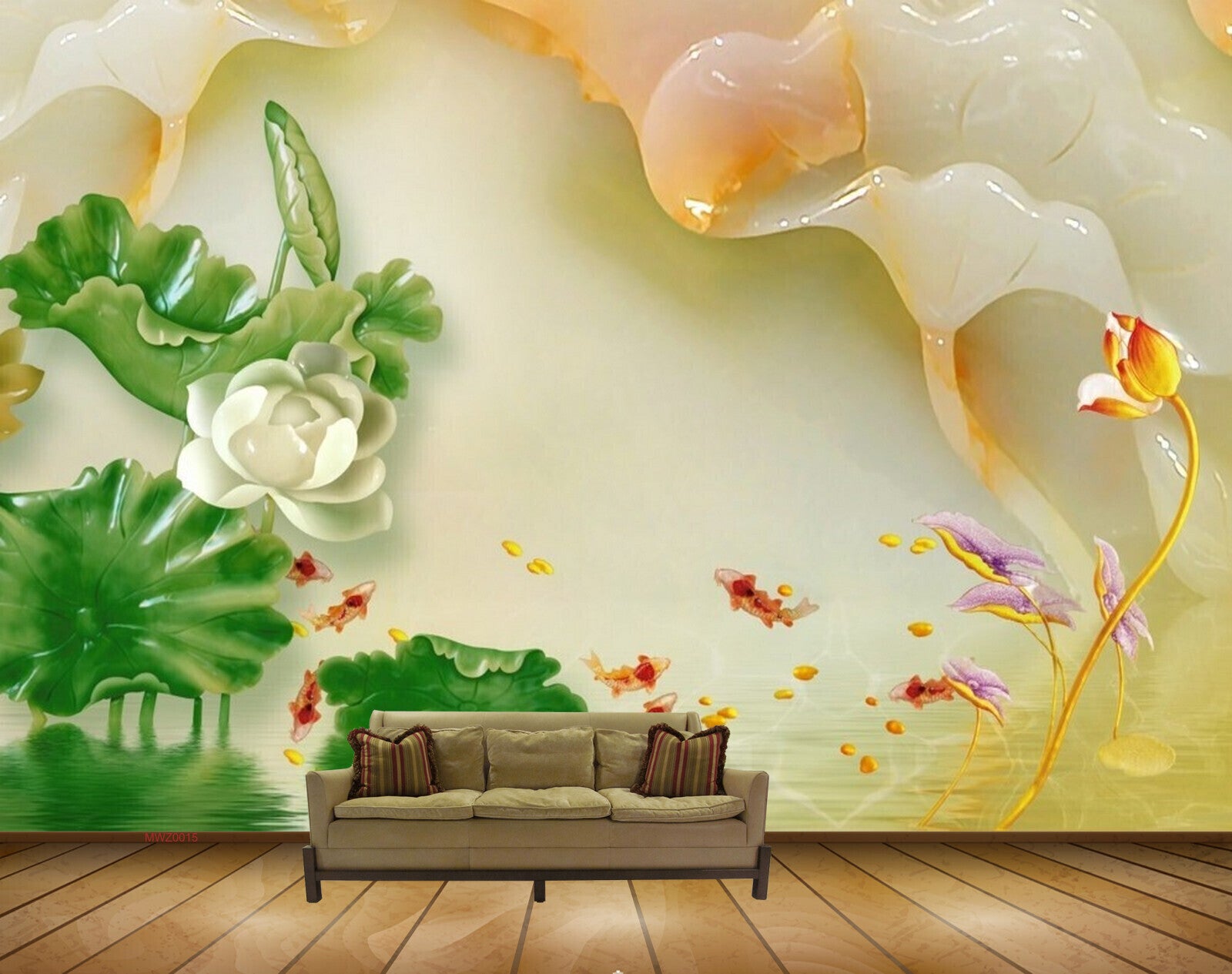 Avikalp MWZ0015 White Flowers Orange Tulips Fishes Leaves HD Wallpaper